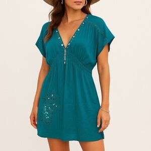 Soft Surroundings Green Pineapple Sequin Shell Beaded Rayon Boho Tunic Top Large